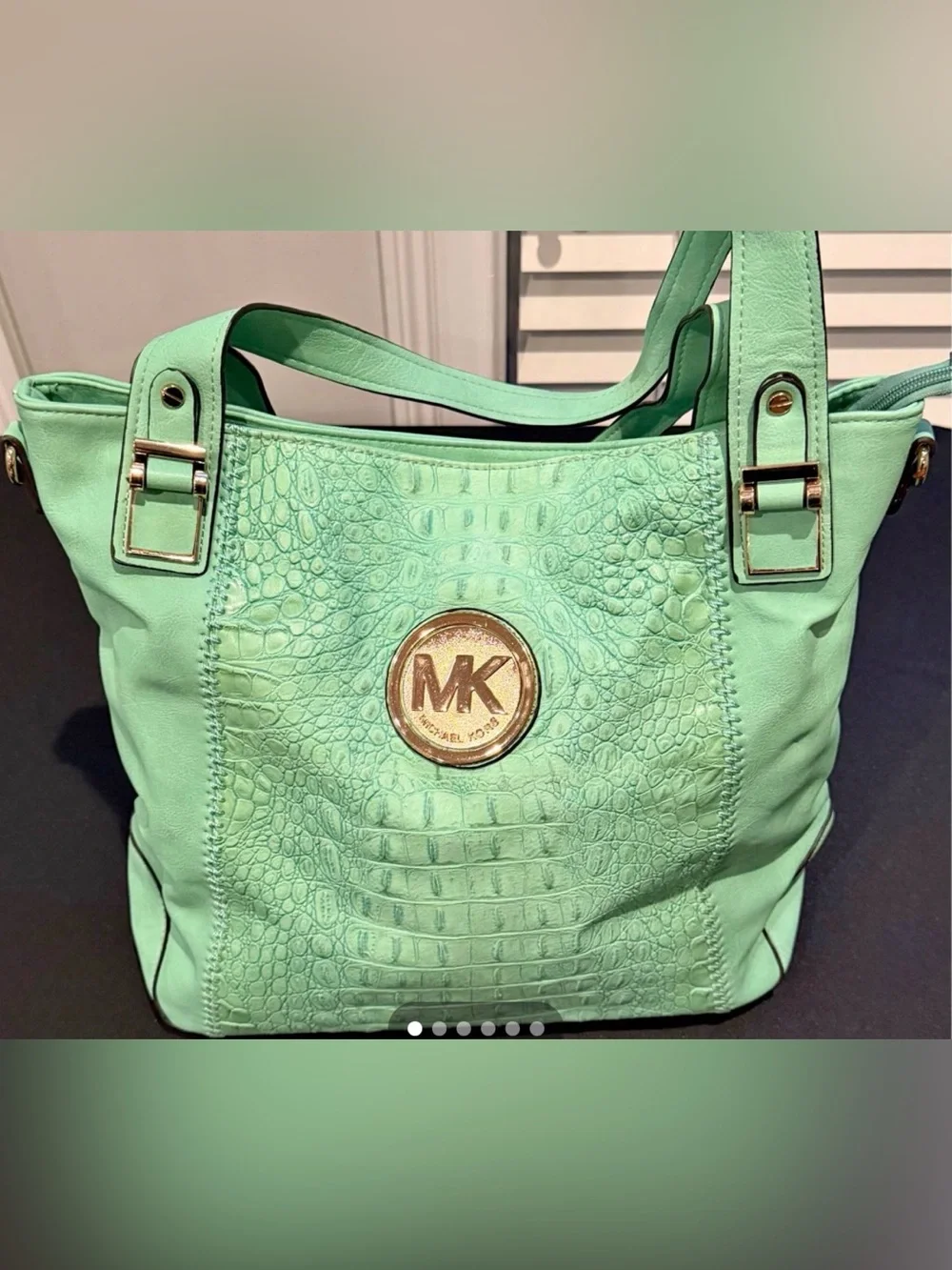 Michael Kors Mint Green Croc-Embossed Shoulder Tote with Gold Logo